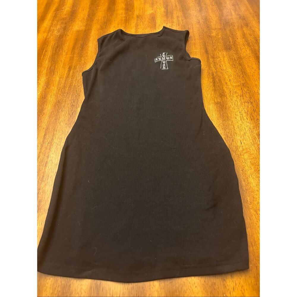 Sleeveless Black Mini Dress with Chest Cross Graphic